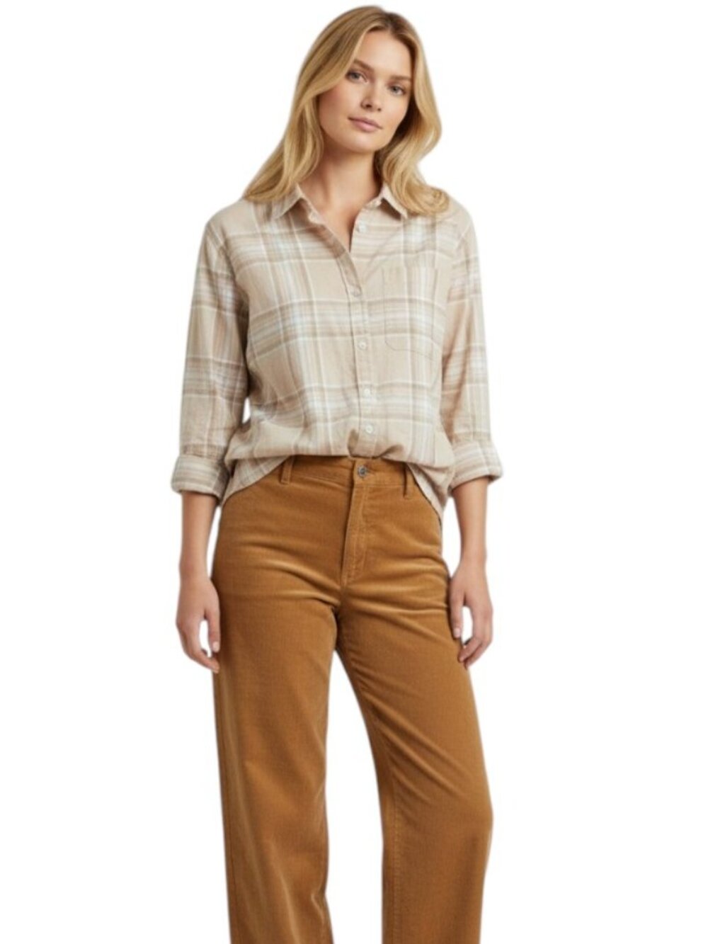 Lands End Womens 1X Plaid Button Up Top Shirt Grunge Urban Beige Tan